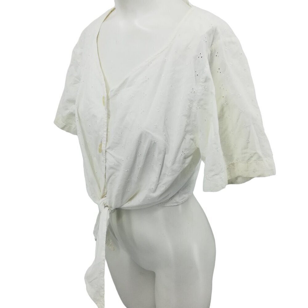 Vintage Stefano Cropped Eyelet Lace Tie Front Short Sleeve Blouse Size M Top 90s - Picture 4 of 11